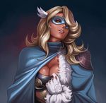  banned_artist blonde_hair blue_eyes breasts cape cleavage feathers gloves hair_feathers highres large_breasts long_hair looking_at_viewer mask original solo white_gloves yinan_cui 