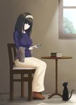  bad_id bad_pixiv_id black_cat black_hair blue_eyes book_stack boots breasts cat chair day eyebrows_visible_through_hair full_body hairband high_heel_boots high_heels idolmaster idolmaster_cinderella_girls indoors large_breasts long_hair looking_away reading sagisawa_fumika scarf sitting solo table toyatokage window 