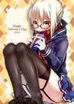  argyle argyle_background artoria_pendragon_(all) bad_id bad_pixiv_id black_legwear blonde_hair blue_skirt blush box dated eyebrows_visible_through_hair fate/grand_order fate_(series) garter_straps gift gift_box glasses happy_valentine highres holding holding_gift ichiren_namiro looking_at_viewer mysterious_heroine_x_(alter) no_shoes plaid plaid_scarf red_scarf scarf scarf_over_mouth short_hair skirt solo thighhighs valentine yellow_eyes 