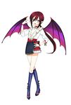  :d absurdres bad_id bad_pixiv_id bare_legs bat_ornament bat_wings blouse blue_eyes blue_footwear boots commentary_request fang flat_chest hand_on_hip hand_up high_heel_boots high_heels highres jewelry knee_boots lady_bat long_hair looking_at_viewer mermaid_melody_pichi_pichi_pitch miniskirt necklace no_bra ohisashiburi open_mouth plunging_neckline pointy_ears ponytail purple_wings red_hair simple_background skirt slit_pupils smile solo standing v-shaped_eyebrows very_long_hair white_background wings wristband 