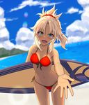  blonde_hair blush breasts cleavage dark_skin eyebrows_visible_through_hair fate/grand_order fate_(series) green_eyes highres holding_surfboard kuroshiro_(ms-2420) large_breasts looking_at_viewer mordred_(fate)_(all) mordred_(swimsuit_rider)_(fate) navel open_mouth prydwen red_scrunchie scrunchie short_hair short_ponytail smile solo surfboard tan teeth 