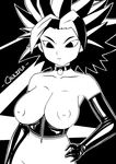  1girl black_and_white black_eyes breasts caulifla collar dominatrix dragon_ball dragon_ball_super female half_naked half_nude medium_breasts navel nipples solo spiky_hair stomach 