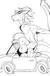  anthro big_breasts black_and_white blush breasts car cleavage clothed clothing dragon female huge_breasts human jijis-waifus larger_female male mammal monochrome oh-jiji size_difference smaller_male sweat sweatdrop vehicle wings 