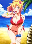  absurdres ass_visible_through_thighs beach bikini blonde_hair blue_scrunchie breasts candy cat_hair_ornament cleavage cloud day food green_eyes hair_ornament hajimete_no_gal heart heart-shaped_pupils highres jewelry large_breasts leaning_forward licking lollipop necklace nyantype official_art outdoors palm_tree ponytail red_bikini ring scrunchie sky swimsuit symbol-shaped_pupils thigh_gap tongue tongue_out tree water wrist_scrunchie yame_yukana 
