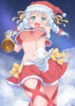  1girl :d aqua_eyes armband artist_name bang_dream! bangs blush bow breasts christmas commentary_request foreshortening fur-trimmed_shirt fur-trimmed_skirt gloves hair_bow hair_ribbon hat highres holding_bell index_finger_raised leg_ribbon long_hair looking_at_viewer medium_breasts naitou_kirara navel night night_sky open_mouth red_bow red_ribbon red_shirt red_skirt ribbon santa_hat shirt skirt sky smile solo underboob upshirt wakamiya_eve watermark white_gloves white_hair yellow_bow yellow_ribbon 