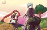  2girls aqua_hair armor ass axel-rosered belka_(fire_emblem_if) berka_(fire_emblem_if) black_eyes blue_eyes blush bodysuit boots cape fire_emblem fire_emblem_if from_behind gloves headband huge_ass leaning leaning_forward long_hair looking_at_viewer luna_(fire_emblem_if) multiple_girls open_mouth orange_hair pants pantyhose pantylines selena_(fire_emblem) shiny shiny_clothes shiny_hair short_hair skirt skirt_tug tear twintails very_long_hair 