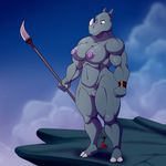  2017 2_toes 4_fingers anthro areola breasts female horn lonbluewolf mammal melee_weapon nipples polearm pussy rhinoceros solo spear toes weapon 