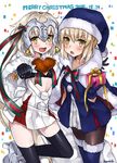  artoria_pendragon_(all) bell black_legwear blonde_hair blue_hat blush bow collarbone eyebrows_visible_through_hair fate/grand_order fate_(series) gift green_bow green_ribbon hat headpiece high_heels holding holding_gift jeanne_d'arc_(fate)_(all) jeanne_d'arc_alter_santa_lily komazuki_(komaworks240) looking_at_viewer multiple_girls open_mouth pantyhose ribbon saber_alter santa_alter santa_hat sketch smile 