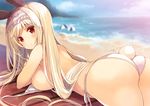  animal_ears ass beach beach_umbrella bikini blush breasts bunny_ears bunny_tail cloud cynthia_riddle day hairband highres large_breasts long_hair looking_at_viewer lying ocean on_stomach original outdoors p19 red_eyes side-tie_bikini sideboob silver_hair sky solo swimsuit tail umbrella untied untied_bikini very_long_hair white_bikini 