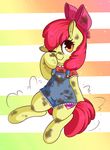  2016 absurd_res amber_eyes apple_bloom_(mlp) clothed clothed_feral clothing cutie_mark dirty earth_pony equine eyelashes female feral friendship_is_magic hair hair_bow hair_ribbon hi_res horse looking_at_viewer mammal my_little_pony one_eye_closed overalls pony red_hair ribbons smile solo wickedsilly 