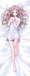  absurdres bangs bare_legs bare_shoulders barefoot blue_reflection brown_hair closed_mouth covering curly_hair dakimakura flat_chest full_body grey_eyes hair_ornament hairclip highres kishida_mel leg_up long_hair looking_at_viewer lying naked_sheet nude_cover on_back parted_bangs scan shijou_raimu solo 