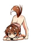  :3 animal_ears artist_name ass barefoot bent_over bottomless brown_eyes brown_hair cowfee dog_ears dog_girl dog_tail eyebrows_visible_through_hair full_body highres looking_at_viewer naked_shirt original paw_pose pet_play pink_shirt shirt short_hair signature simple_background solo tail top-down_bottom-up v-shaped_eyebrows white_background 
