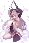  armpits arms_up asymmetrical_gloves black_gloves black_legwear blue_eyes blush braid breasts commentary_request draph elbow_gloves gloves granblue_fantasy hair_ornament hair_over_one_eye horns inayama large_breasts lavender_hair light_smile long_hair looking_at_viewer narmaya_(granblue_fantasy) parted_lips pointy_ears side_braid sideboob single_braid single_thighhigh sitting sleeveless solo thigh_strap thighhighs very_long_hair 