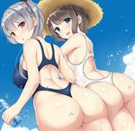  ass blue_eyes blue_sky blue_swimsuit blush bottle breasts brown_eyes brown_hair covered_nipples day dutch_angle eyebrows_visible_through_hair from_behind hat highleg highleg_swimsuit large_breasts long_hair looking_at_viewer looking_back mizunashi_kenichi multiple_girls one-piece_swimsuit one-piece_thong open_mouth original outdoors short_hair side_ponytail silver_hair sky smile standing straw_hat swimsuit water_drop wet white_swimsuit 