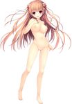  barefoot bow braid breasts brown_hair censored cherry_hair_ornament food_themed_hair_ornament french_braid full_body hair_bow hair_ornament hairclip hand_on_own_chest haruoto_alice_gram highres large_breasts long_hair looking_at_viewer mosaic_censoring nanao_naru navel nipples non-web_source nude official_art open_mouth pussy red_eyes shirahane_yuuri solo transparent_background 