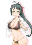  antenna_hair b-man blush bow breasts cleavage collarbone commentary_request green_eyes green_hair hair_bow hair_ribbon irako_(kantai_collection) kantai_collection large_breasts long_hair looking_at_viewer navel open_clothes open_shirt ponytail ribbon shirt simple_background solo wavy_mouth white_background 