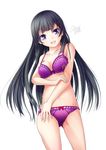  :d agano_(kantai_collection) ayatsuri-doll black_hair bra breasts cleavage collarbone highres kantai_collection long_hair looking_at_viewer medium_breasts navel open_mouth panties purple_bra purple_panties signature silver_eyes simple_background smile solo underwear underwear_only white_background 