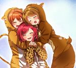  ^_^ animal_costume animal_hood blue_background blush brown_hair closed_eyes cosplay deer_costume girl_sandwich heart hood hood_up hoshizora_rin hug kigurumi koizumi_hanayo leopard_costume lion_costume long_sleeves love_live! love_live!_school_idol_project multiple_girls nishikino_maki open_mouth orange_hair red_hair sandwiched short_hair smile yuama_(drop) 