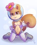  2017 anthro bare_shoulders breasts brown_eyes brown_fur clothing female fur hi_res mammal naughty_face navel nickelodeon nipples pussy rodent sandy_cheeks smile solo spongebob_squarepants squirrel the_other_half undressing 