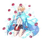 abs bare_chest blonde_hair book fire_emblem fire_emblem_if holding holding_book leon_(fire_emblem_if) looking_at_viewer male_focus pout red_eyes short_hair shorts simple_background tomato water 