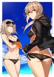  artoria_pendragon_(all) ass bikini black_bikini blue_sky breasts cleavage cloud cloudy_sky corndog cowboy_shot crossed_arms day dutch_angle eyebrows_visible_through_hair eyewear_on_head fate/grand_order fate_(series) hair_between_eyes hair_ribbon halterneck highres hood hooded_jacket hoodie horizon jacket jeanne_d'arc_(alter)_(fate) jeanne_d'arc_(fate)_(all) karlwolf lens_flare light_brown_hair long_hair low_ponytail medium_breasts multiple_girls navel ocean open_clothes open_hoodie open_jacket outdoors parted_lips ribbon saber_alter short_hair side-tie_bikini sideboob sky sleeves_past_wrists small_breasts sunglasses swimsuit yellow_eyes 