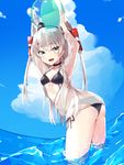  :d amatsukaze_(kantai_collection) ball beachball bikini black_bikini brown_eyes fang hair_tubes holding holding_ball kantai_collection long_hair long_sleeves open_mouth side-tie_bikini silver_hair smile solo sutaa_dasuto-kun swimsuit two_side_up wading water windsock 