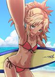  beach bikini blonde_hair boro_bukuro day fang fate/grand_order fate_(series) front-tie_top green_eyes looking_at_viewer mordred_(fate)_(all) mordred_(swimsuit_rider)_(fate) ponytail prydwen reaching_out red_bikini self_shot side-tie_bikini solo surfboard swimsuit tan 