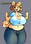  2017 5_fingers anthro belly big_breasts blush breasts brown_hair canine cleavage clothed clothing deep_navel digital_media_(artwork) dog english_text female green_eyes hair hi_res june_(jinu) mammal mature_female midriff moth_(artist) navel nipple_bulge open_mouth pants shirt simple_background slightly_chubby solo text thick_thighs voluptuous wide_hips 