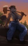  anthro axe barefoot beaver big_breasts breasts buckteeth clothed clothing female fur hat huge_breasts lumberjack mammal melee_weapon pants rodent sitting smile solo suspenders teeth topless unknown_artist weapon 