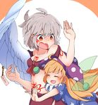  american_flag_dress american_flag_legwear blonde_hair buna_shimeji_(keymush) check_commentary closed_eyes clownpiece commentary commentary_request crop_top dress fairy_wings flying_sweatdrops grey_hair hat jester_cap kishin_sagume long_hair multiple_girls o-ring o-ring_top orange_eyes pantyhose polka_dot short_dress single_wing smile star star_print tattoo tears touhou white_wings wings 