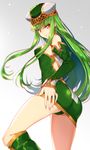  1girl ass bare_shoulders boots breasts c.c. code_geass cosplay creayus detached_sleeves erect_nipples freya_(valkyrie_profile) freya_(valkyrie_profile)_(cosplay) green_boots green_hair hat knee_boots long_hair looking_at_viewer small_breasts smile valkyrie_profile yellow_eyes 