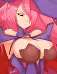  1girl arc_system_works artist_name bare_shoulders black_sclera blazblue blazblue:_central_fiction breasts cape detached_sleeves dress frown hair_over_one_eye hat huge_breasts jellcaps_0 konoe_a_mercury long_hair looking_at_viewer phantom_(blazblue) pink_hair shiny shiny_clothes shiny_hair shiny_skin short_dress solo very_long_hair yellow_eyes 