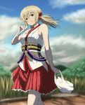  :p bad_id bad_pixiv_id bag bangs bare_arms bare_shoulders blonde_hair blue_sky blurry bow breasts cloud cloudy_sky commentary_request cowboy_shot day depth_of_field furiruno hair_between_eyes hair_bow hakama_skirt highres kafuru_(senran_kagura) long_hair looking_at_viewer low_twintails medium_breasts nontraditional_miko obi outdoors plastic_bag purple_eyes red_bow sash senran_kagura senran_kagura_estival_versus sky smile solo standing sunlight tongue tongue_out tupet twintails 