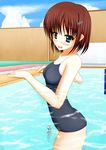  1girl blush breasts brown_hair drain peeing pool sexually_suggestive short_hair solo swimsuit tagme thighs underwater 