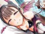  1girl aoi_chizuru bangs bare_shoulders bat blurry blurry_background breasts brown_hair cleavage closed_mouth collarbone commentary_request demon_girl demon_tail demon_wings elbow_gloves eyebrows_visible_through_hair from_above gloves hetero horns indoors looking_at_viewer medium_breasts naughty_face original pants pointy_ears pov purple_eyes purple_gloves see-through shirt sitting sitting_on_lap sitting_on_person smile solo_focus succubus table tail thighhighs white_legwear white_shirt wings wooden_floor 