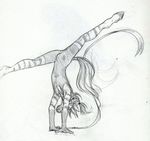  2011 anthro biped bodysuit bulge clothed clothing equine finalflight fur greyscale gymnastics hair handstand hooves long_tail male mammal monochrome pencil_(artwork) ponytail ribbons simple_background skinsuit solo striped_fur stripes stripes_(character) tailband tight_clothing traditional_media_(artwork) upside_down white_background zebra 