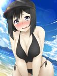  akitsu_maru_(kantai_collection) amau_(kosmos) bikini black_bikini black_eyes black_hair black_hat blush breasts cleavage cloud cowboy_shot day dutch_angle hat highres kantai_collection large_breasts lens_flare peaked_cap short_hair side-tie_bikini sky solo sun swimsuit 