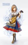  bard blonde_hair blue_eyes boots breasts commentary copyright_name cross-laced_footwear dress facial_tattoo full_body hair_over_one_eye highres instrument knee_boots layered_dress long_sleeves looking_at_viewer lute_(instrument) medium_breasts original pantyhose patterned_background pixiv_fantasia pixiv_fantasia_revenge_of_the_darkness short_hair smile solo standing tattoo underbust white_background white_legwear yuren 