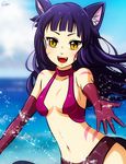  animal_ears ara_(monster_girl_island) artist_name black_hair blurry blurry_background body_markings cat_ears cat_girl cat_tail elbow_gloves esther facial_mark fangs gloves long_hair looking_at_viewer monster_girl_island navel ocean purple_hair signature slit_pupils tail water yellow_eyes 