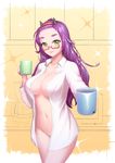  absurdres breasts closed_mouth coffee_maker_(object) collarbone commentary_request cowboy_shot cup dress_shirt glasses groin hairband head_tilt highres holding horns large_breasts long_hair long_sleeves looking_at_viewer microwave mug naked_shirt navel open_clothes open_shirt original partially_colored purple_hair red-framed_eyewear semi-rimless_eyewear shirt smile solo sparkle standing thick_eyebrows under-rim_eyewear w_ruwaki white_shirt yellow_background 
