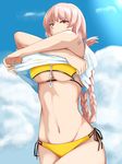  breasts chaldea_lifesavers cleavage closed_mouth crossed_arms fate/grand_order fate_(series) florence_nightingale_(fate/grand_order) highres large_breasts long_hair looking_at_viewer navel pink_hair red_eyes shirt_lift solo swimsuit underboob yami_kyon_oov 