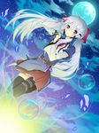  asymmetrical_legwear bad_id bad_pixiv_id belt black_legwear blue_eyes bubble bubble_blowing bubble_pipe cloud cloudy_sky dutch_angle eyebrows_visible_through_hair full_moon gem grey_hair hair_ribbon hand_behind_head hand_up heterochromia highres holding iumi_urura long_hair long_sleeves looking_at_viewer miniskirt moon night night_sky original outdoors parted_lips purple_eyes ribbon short_over_long_sleeves short_sleeves skirt sky solo star_(sky) starry_sky thigh_strap thighhighs twintails wind 