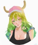  bangs bare_arms bare_shoulders baseball_cap black_eyes black_shirt blonde_hair blue_hair breasts cleavage closed_mouth collarbone dragon_girl dragon_horns eyelashes gradient_eyes gradient_hair green_eyes green_hair hair_between_eyes hat heterochromia highres horns kobayashi-san_chi_no_maidragon kylooe large_breasts lips long_hair looking_at_viewer multicolored multicolored_eyes multicolored_hair pink_hat pink_lips purple_eyes quetzalcoatl_(maidragon) shirt simple_background sleeveless slit_pupils smile solo tank_top upper_body wavy_hair white_background yellow_pupils 