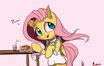  2017 english_text equine feathered_wings feathers female fluttershy_(mlp) food friendship_is_magic hair long_hair looking_at_viewer mammal miokomata my_little_pony pancake pegasus pink_background pink_hair simple_background smile solo table text wings 