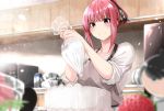  1girl apron bangs black_ribbon blue_eyes blue_nails blush bowl cake closed_mouth commentary_request eyebrows_visible_through_hair food fruit fuu_(fuore) go-toubun_no_hanayome grey_apron hair_ribbon hands_up highres icing indoors kitchen microwave milk_carton mixing_bowl nail_polish nakano_nino pastry_bag plate ponytail red_hair ribbon shirt sidelocks sleeves_rolled_up soles standing strawberry white_shirt 