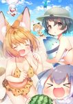  &gt;_&lt; :d ? animal_ears arare_mochiko bare_shoulders beach bikini bikini_skirt black_hair blindfold blonde_hair blue_sky blush breasts chibi clenched_hands closed_eyes cloud collarbone commentary_request day fang flying food fruit grey_hair hat hat_feather head_wings helmet highres jaguar_(kemono_friends) jaguar_ears jaguar_print japanese_crested_ibis_(kemono_friends) kaban_(kemono_friends) kemono_friends laughing looking_at_viewer lucky_beast_(kemono_friends) medium_breasts multiple_girls navel ocean open_mouth outdoors pith_helmet print_bikini rectangular_mouth serval_(kemono_friends) serval_ears serval_print serval_tail short_hair sky small-clawed_otter_(kemono_friends) smile spoken_question_mark swimsuit tail v-shaped_eyebrows watermelon white_hair xd 