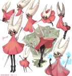 1girl absurdres bodysuit boots bug butterfly cloak dark_skin glowing_butterfly highres hollow_knight hornet_(hollow_knight) humanization insect looking_at_viewer looking_to_the_side maga_(comicfans100) multiple_views needle red_cloak sleeping smile traditional_media watercolor_(medium) white_hair 