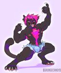  anthro bulge clothed clothing feline grungecandy looking_at_viewer male mammal muscular nipple_piercing nipples piercing smile solo standing tight_clothing tongue tongue_out topless 