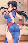  ? ass bangs bare_arms bare_shoulders bed bedroom black_hair blunt_bangs blush breasts chi-chi_(dragon_ball) china_dress chinese_clothes commentary dragon_ball dragon_ball_z dress from_behind hands_on_own_ass indoors kippuru large_breasts long_hair looking_at_viewer looking_back pantylines pillow ponytail sleeveless sleeveless_dress solo sweatdrop thong translated 