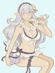  bikini blush breasts collarbone female_my_unit_(fire_emblem_if) fire_emblem fire_emblem_heroes fire_emblem_if flower hairband highres jivke kazame long_hair looking_at_viewer my_unit_(fire_emblem_if) navel one_eye_closed pointy_ears red_eyes silver_hair smile solo swimsuit white_bikini white_hair 